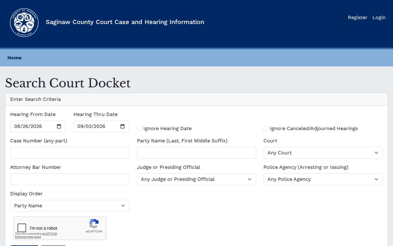 Saginaw court schedule docket search hearing date form