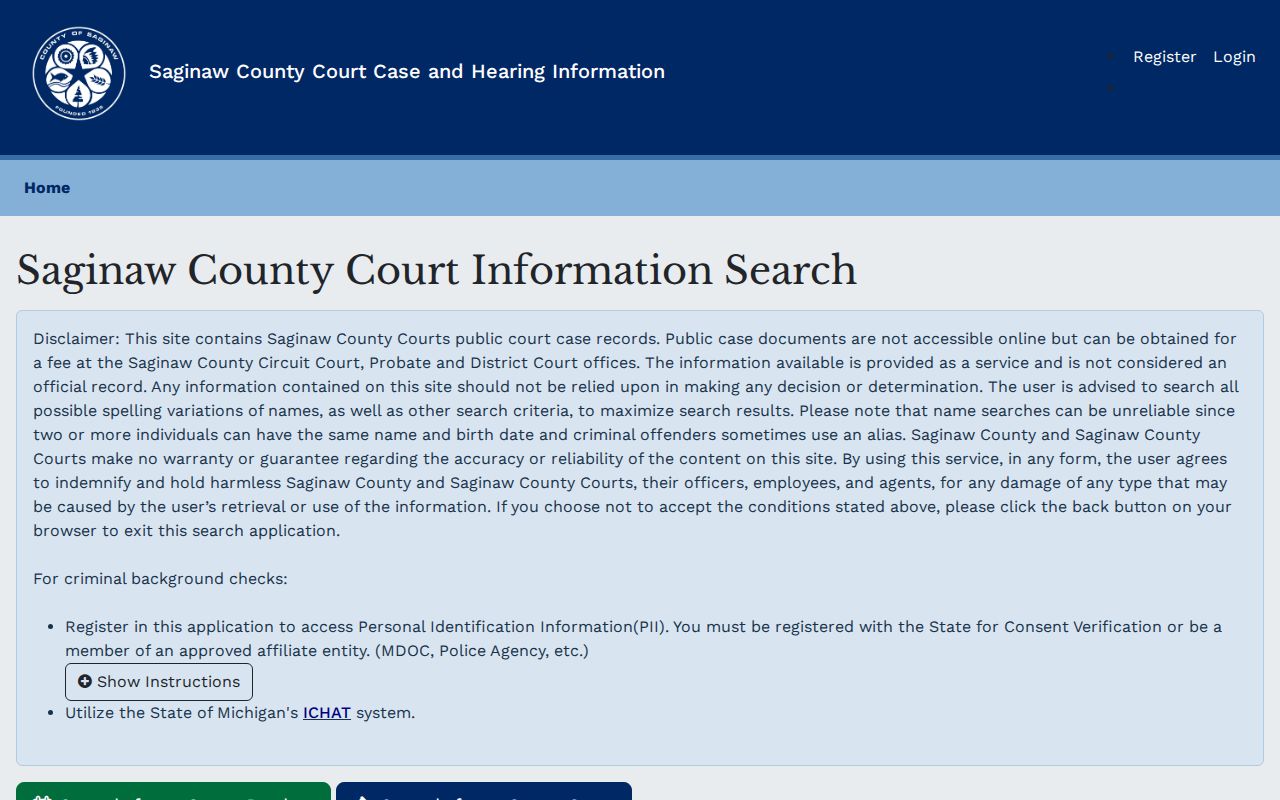 Saginaw County court docket Odyssey public search landing page