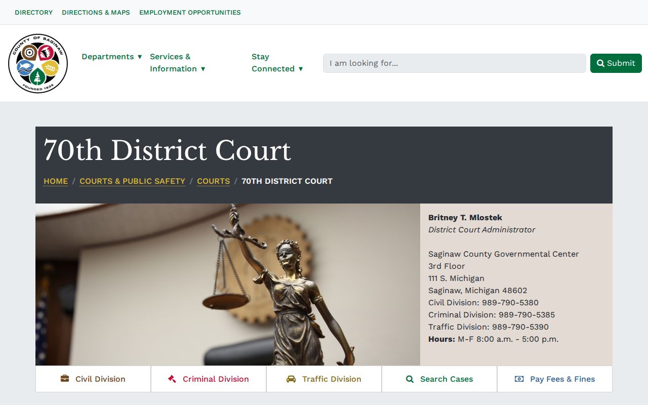 Saginaw County criminal court docket 70th District Court information